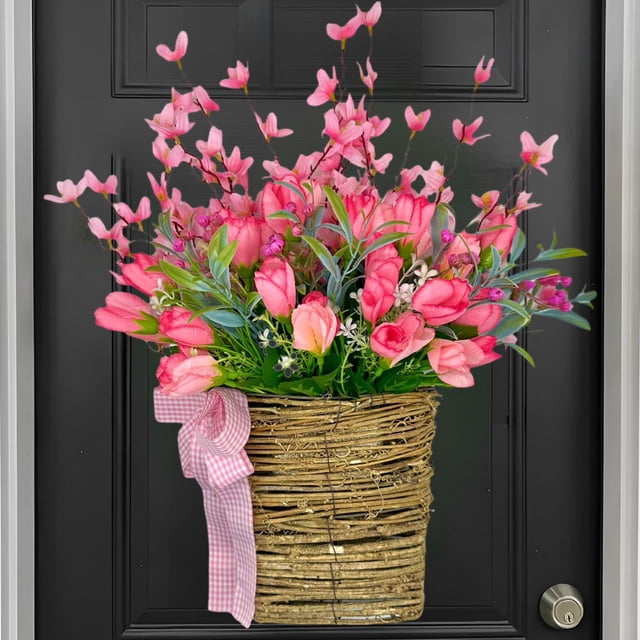 Cesta de flores de tulipanes de simulación de primavera y verano, corona de flores de simulación, decoración colgante para puerta del hogar