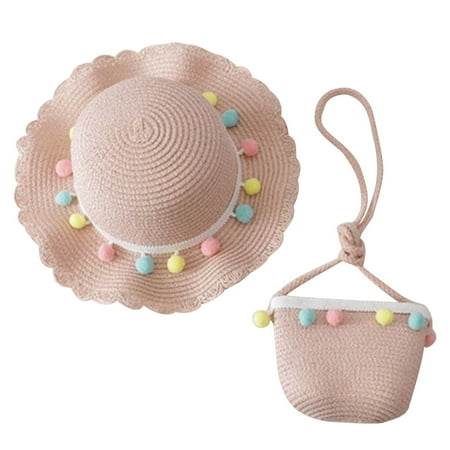 

YWDJ Toddler Girls Hairball Beach Sun Hat With Shoulder Bag Summer Child Set Pink