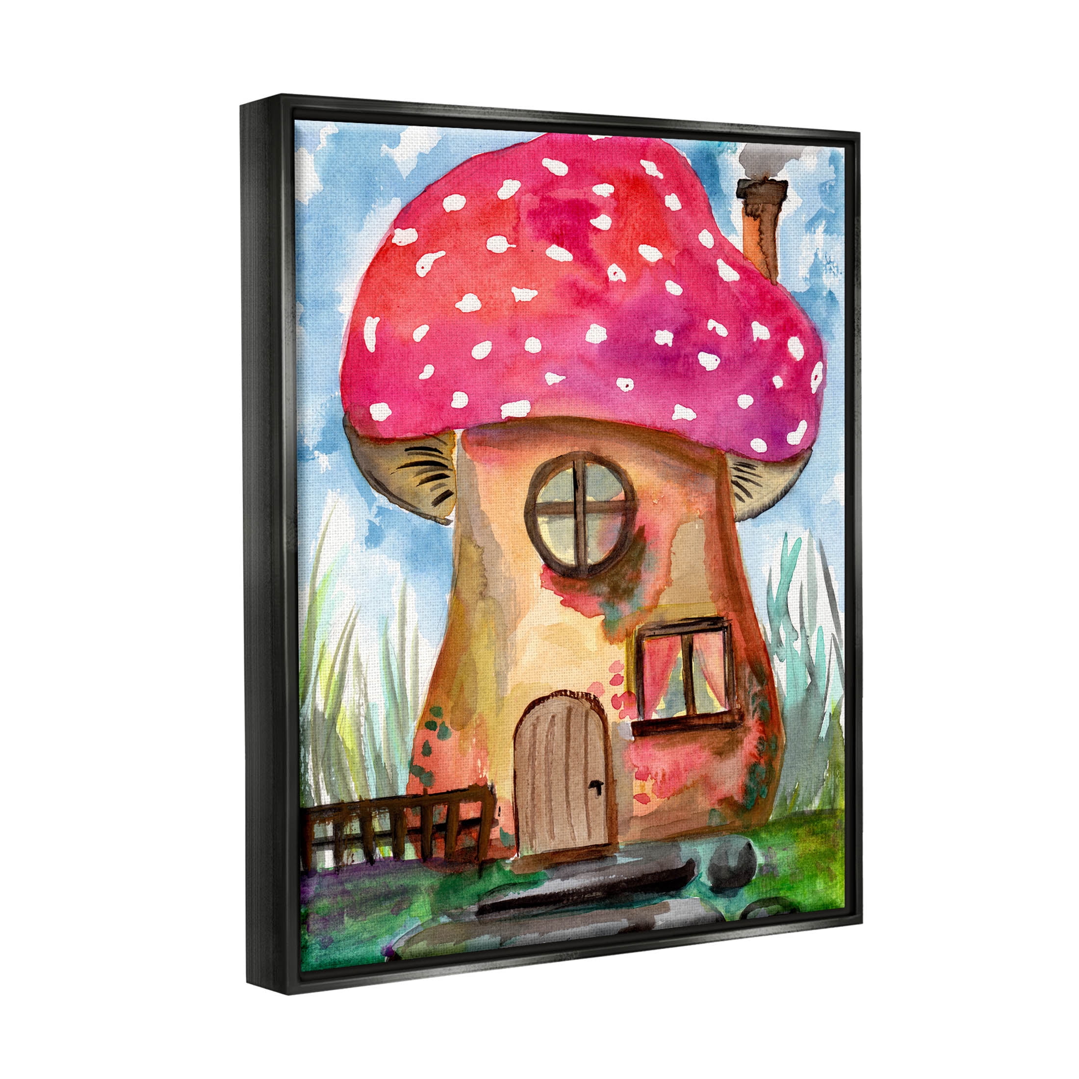 Mushroom Forest House Fantasy Botanical & Floral Painting Jet Black Framed Art Print Wall Art