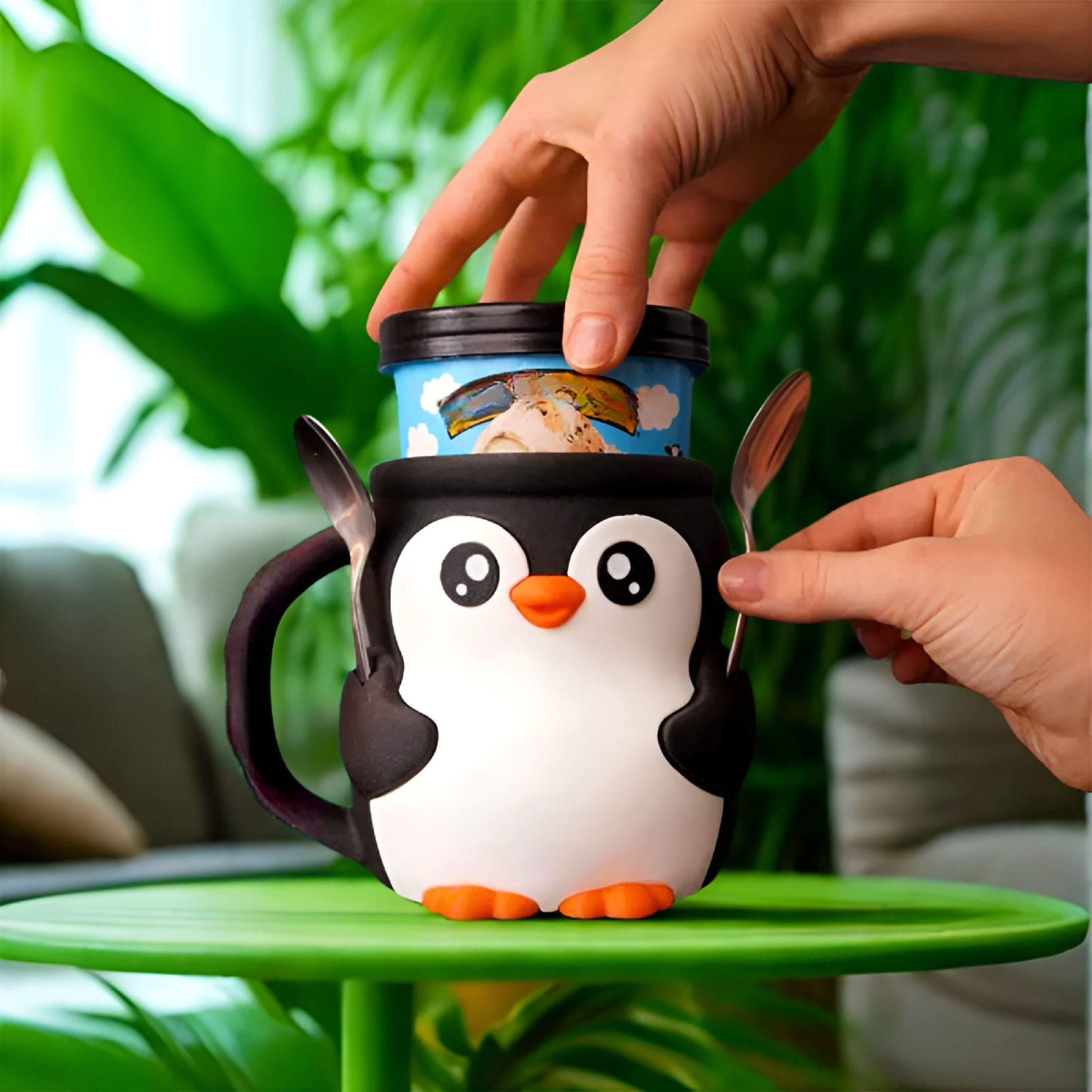 ACDANC Penguin Pint Size Ice Cream Holder - Reusable Cute Design with Spoon Slot&Cozy Handle (2PCS)
