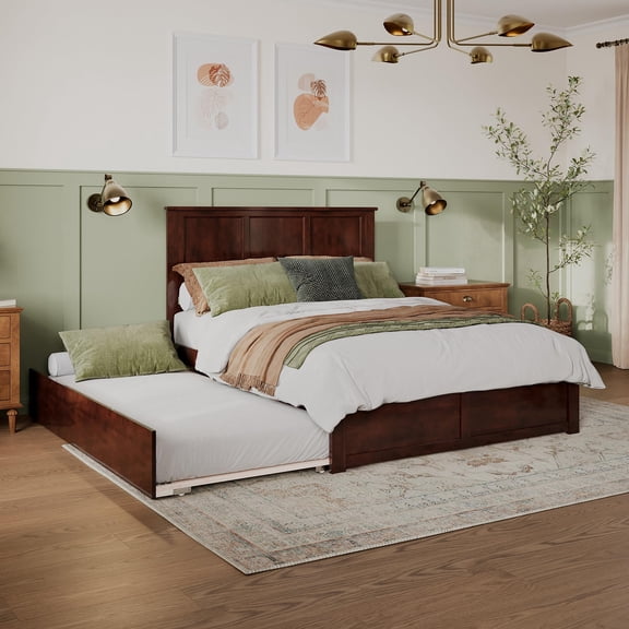 Pemberly Row Queen Wood Platform Bed with Footboard & Twin XL Trundle in Walnut