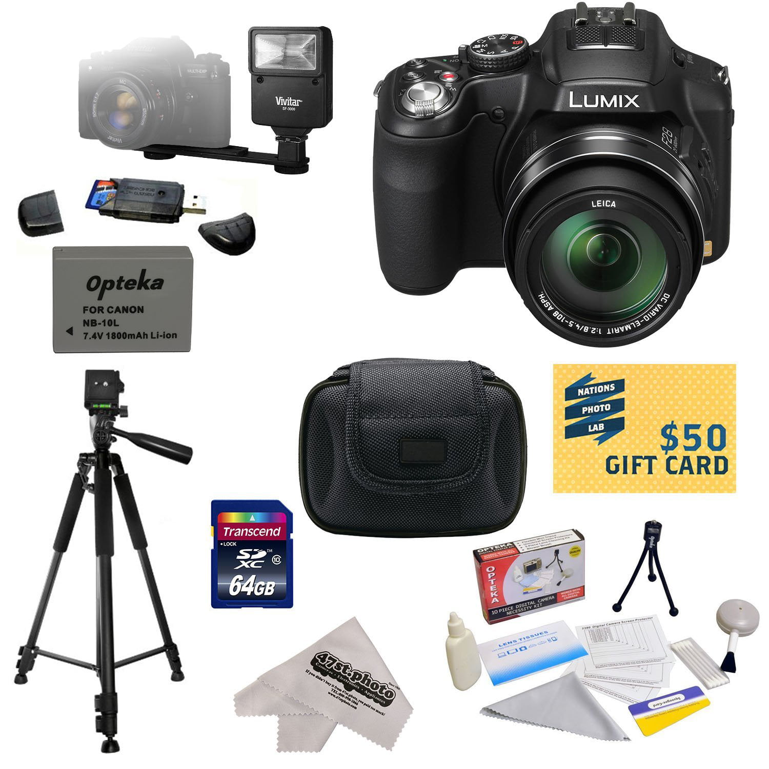 Panasonic DMC-FZ200 Digital Camera with 3-Inch Vari-Angle LCD With 64GB Memory Card, Reader, Battery, Charger, Flash, Carrying Case, Tripod, Cleaning Kit with Screen Protectors, $50 Gift Card - Walmart.com