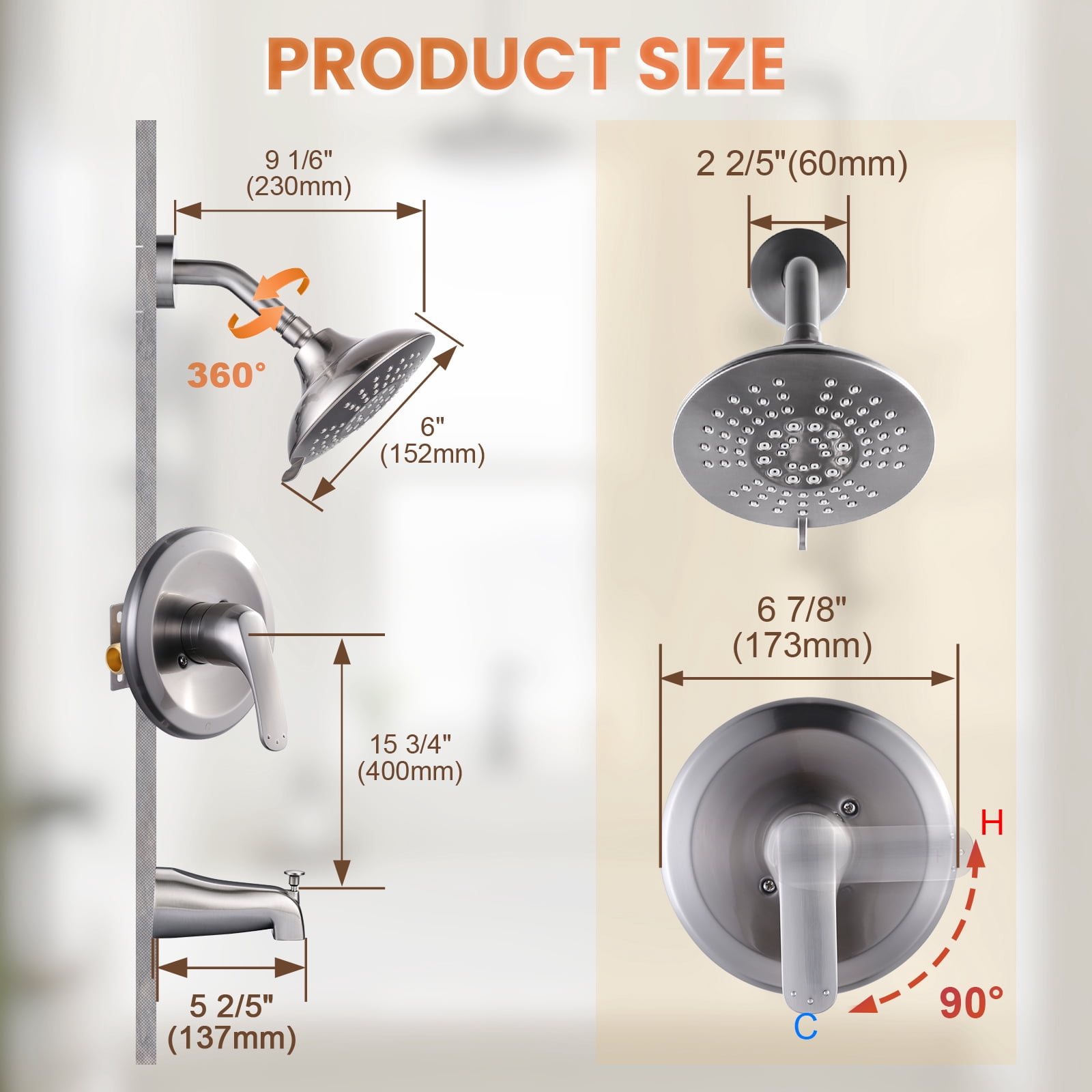 Wowow Shower Faucet with Valve, Bathroom Tub Shower Faucet Kit, Single Handle Rain Shower Head with Tub Spout, Brushed Nickel