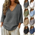 thumbnail image 7 of Women's V Neck 3/4 Sleeve Linen Blouse Loose Fit Solid Color Summer Top, 7 of 7