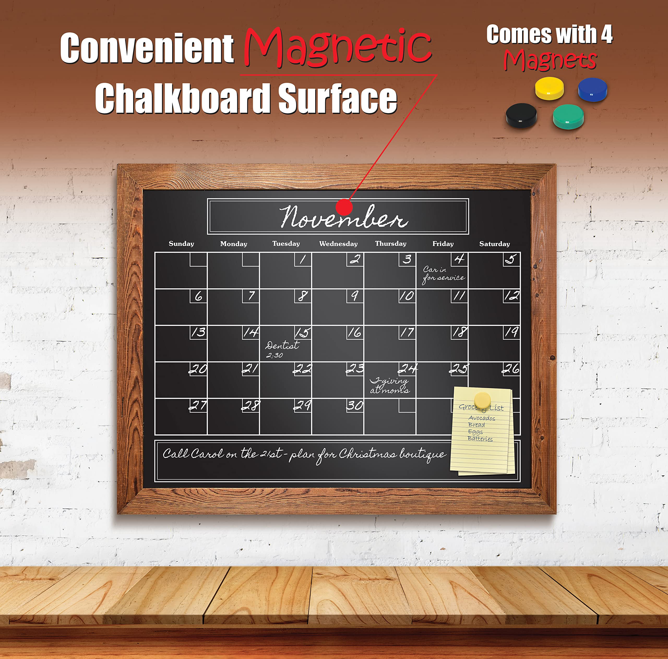 Wooden Chalkboard Calendar Shelf Wall Mount Decor Display 4 Hooks  13.4”x21.2”in