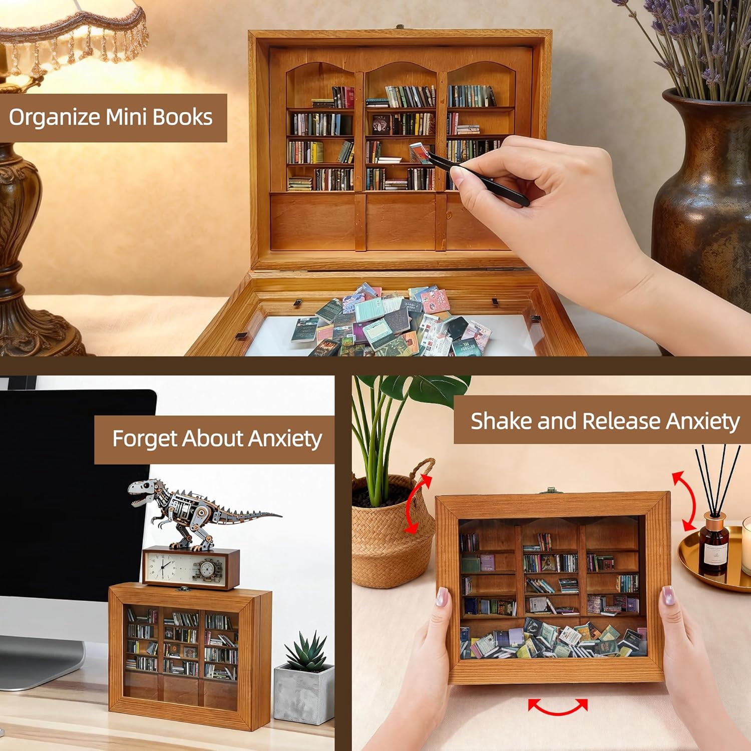 Miniature Wooden Bookshelf with 200 Mini Books - Stress Relief Desktop Decor for Book Lovers, Office & Home Desk Organizer with Tiny Books Collection
