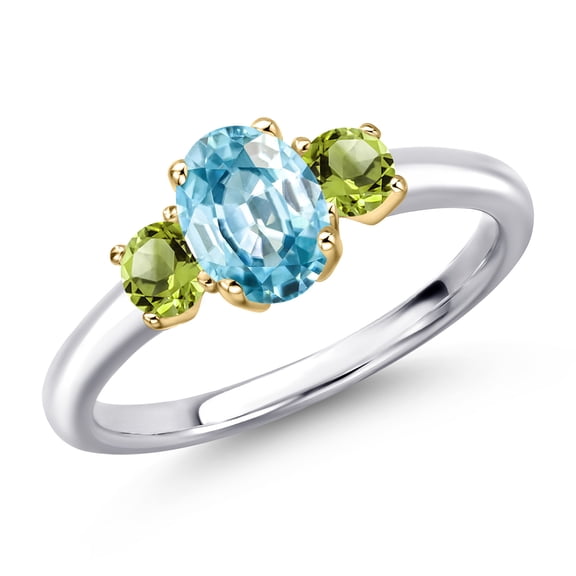 Gem Stone King 10K Two Tone Gold Blue Zircon and Green Peridot Engagement Ring for Women | 1.66 Cttw | Oval 7X5MM | Gemstone Birthstone | Size 6