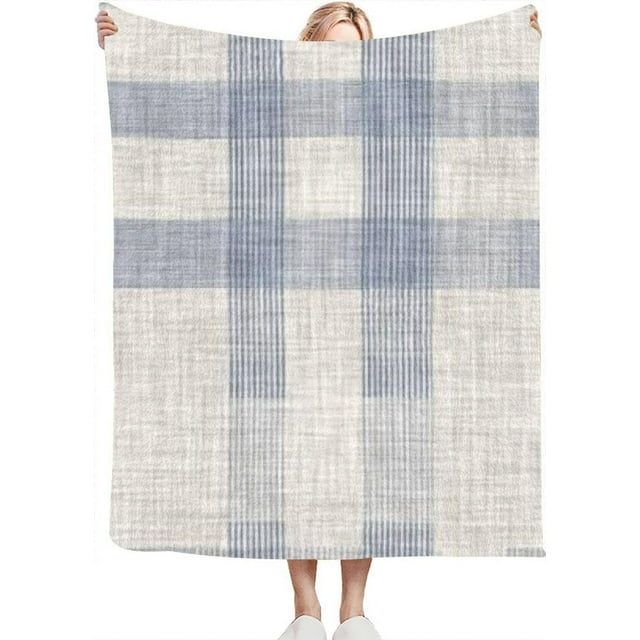 French Farmhouse Blue Plaid Check Border Rustic Tonal Country Kitchen Throw Blanket for Couch Bed Soft Cute Fleece Fuzzy Spring Summer Throw Blankets Cozy Living Room Throw Blanket for Chair