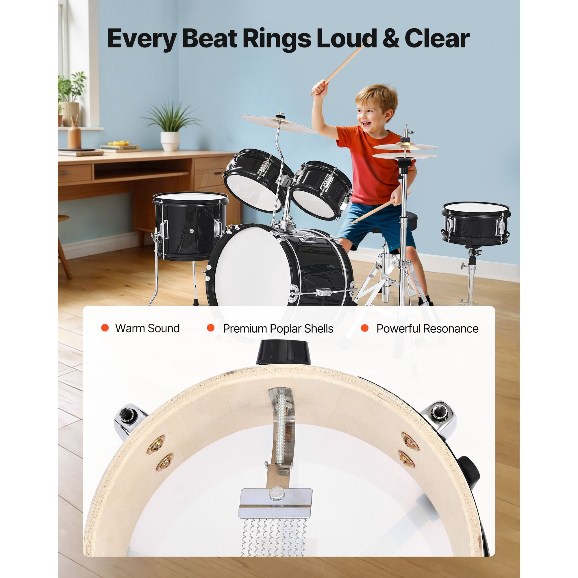Kids Drum Set, 5-Piece 14 in Junior Drum Sets, Beginner Drums Set with Adjustable Throne, Cymbal & Two Pairs of Drumsticks, Musical Learning Drums Instruments Kit, for Children Ages 6-13 (Black)