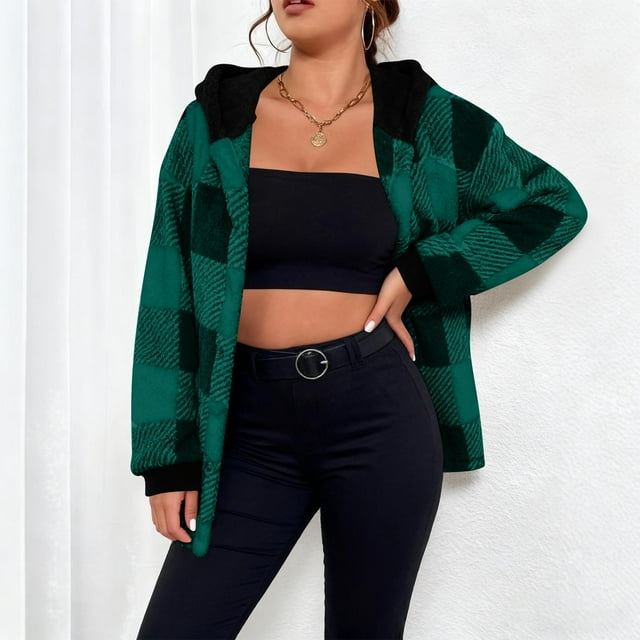 Ounisa Plaid Jacket for Woman Hooded Fuzzy Sherpa Fleece Jacket Button Down Plus Size Winter Coats Buffalo Plaid Shacket