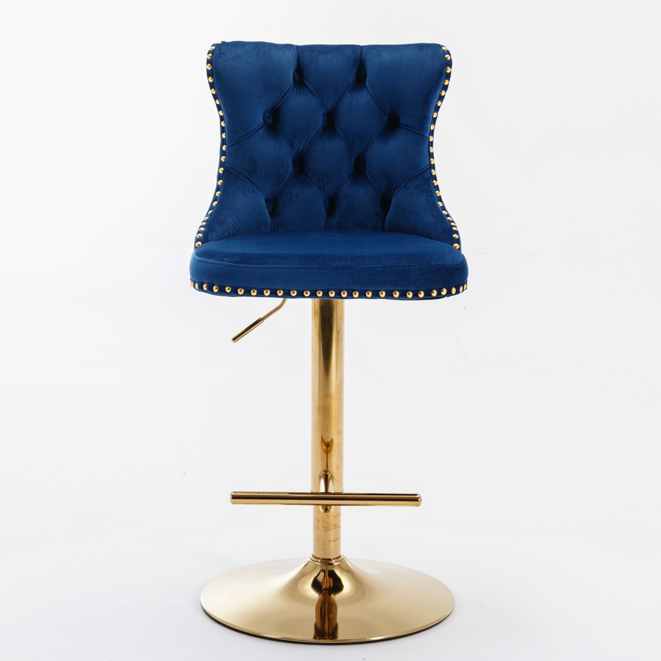 PORKISS Bar Stools Set of 2, Gold Velvet Swivel Barstools with Tufted Backs and Footrests, Upholstered Adjustable Seat From 25" to 33" for Home Pub, Kitchen Island, Blue