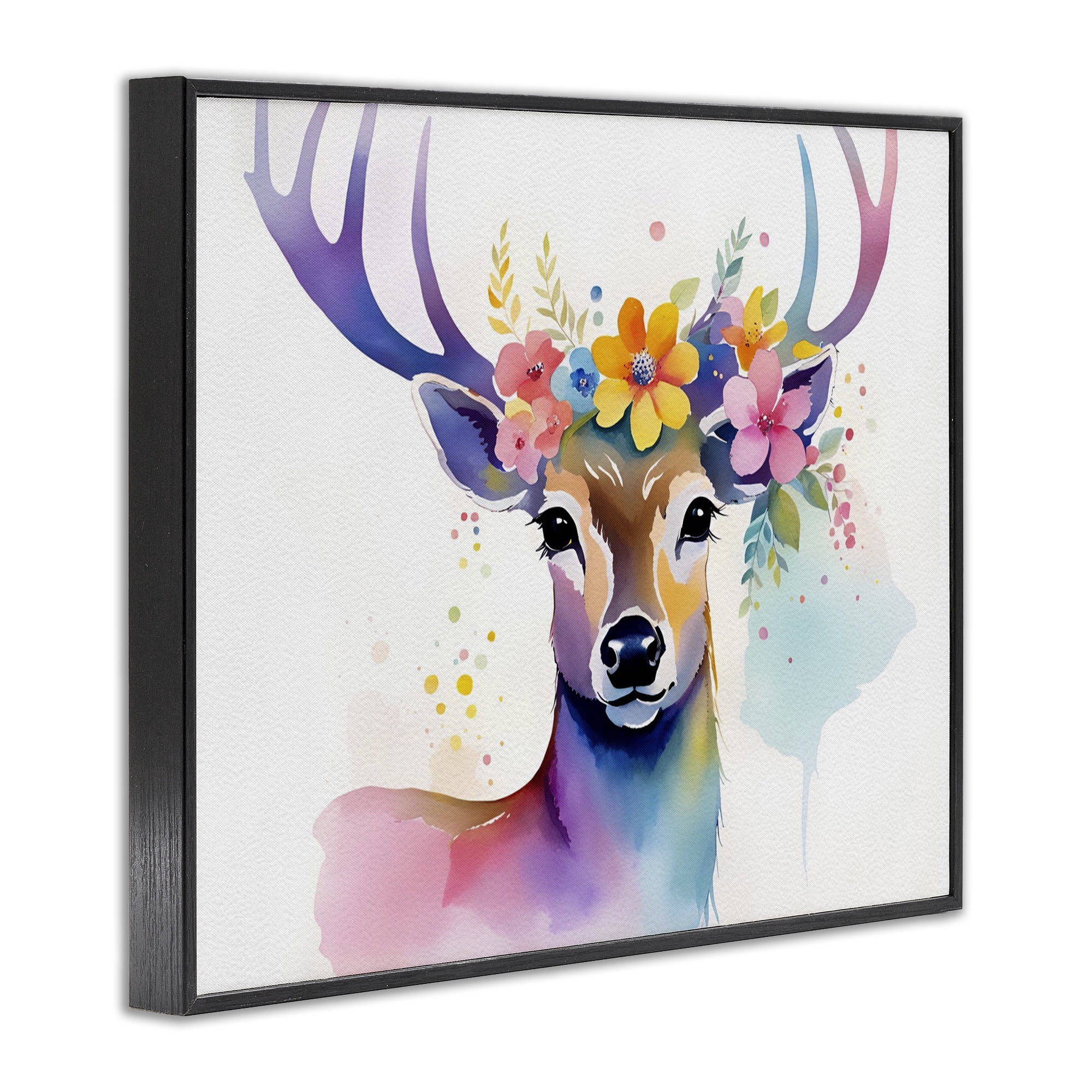 Stupell Industries Floral Garland Deer Animals & Insects Painting Black Framed Art Print Wall Art, 30 x 24