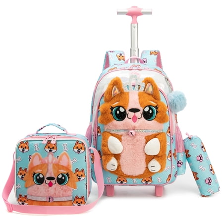 Kids Rolling Cute Backpack for Girls Roller Backpacks with Wheels School Bag with Lunch Bag Pencil Case Bookbag Ages 8-10