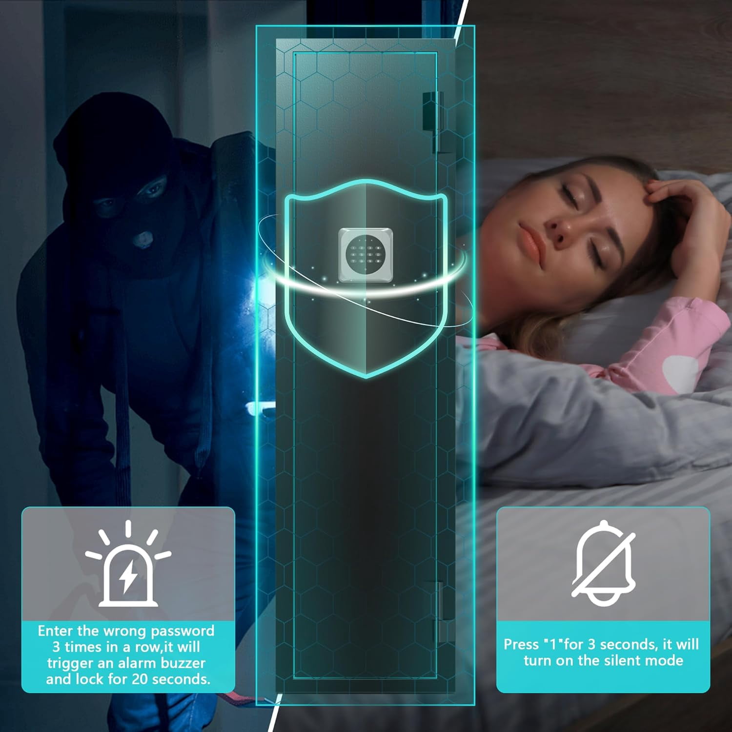 2-3 rifle and pistol safes, 180° quick-access digital gun cabinet (suitable for rifles and shotguns), modular gun cabinet with alarm system and silent mode.