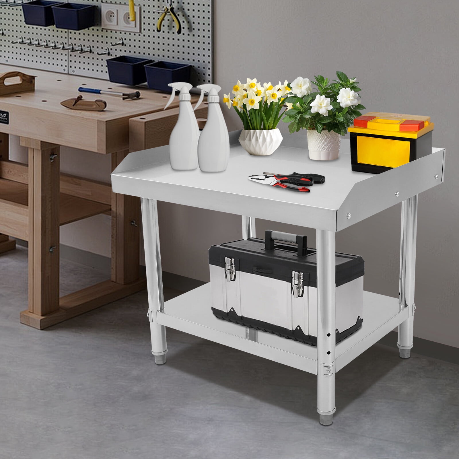Adjustable Stainless Steel Work Table with Lower Shelf & Backsplash – Heavy-Duty 154 lbs Load Capacity, Rust-Resistant, Easy Clean, Perfect for Kitchen & Garage