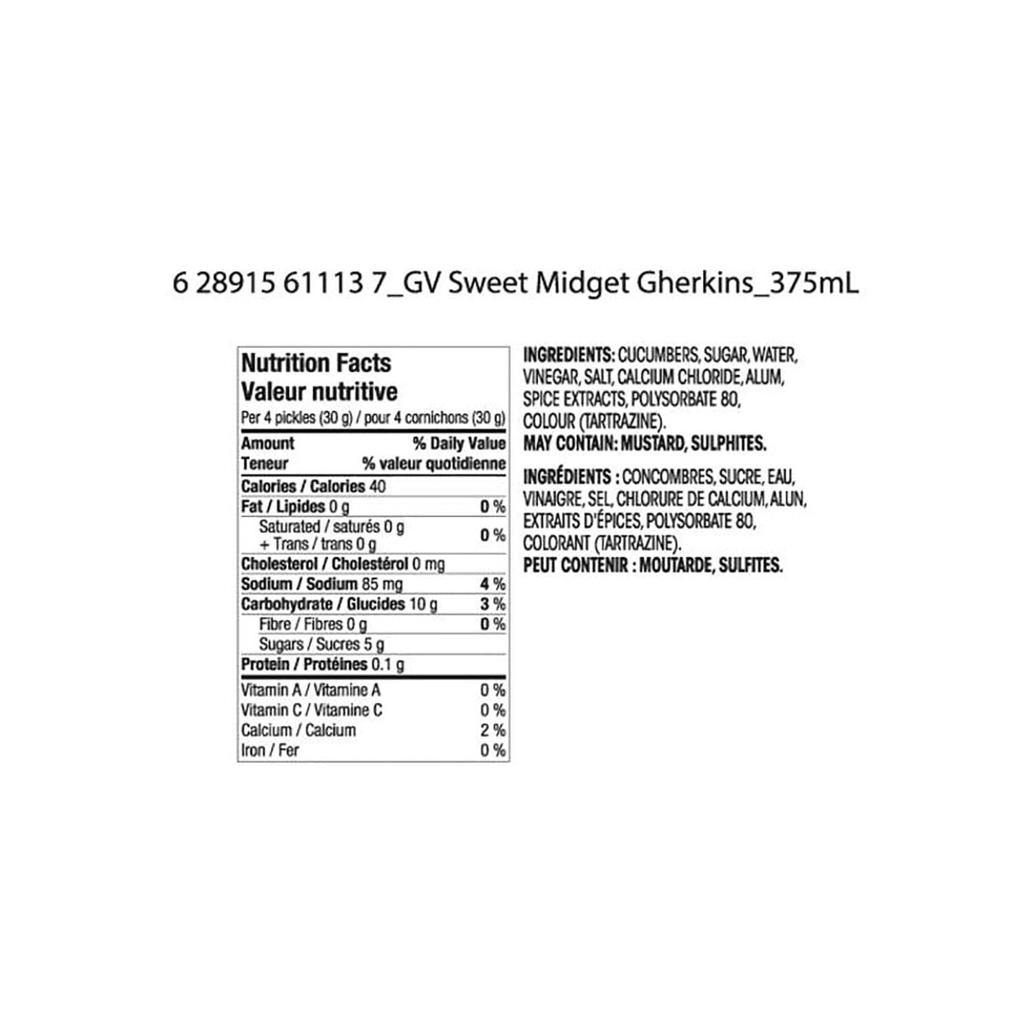 Cornichons sucrés Great Value 375 ml