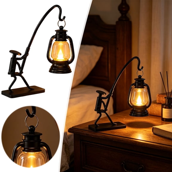 Lypsnake Vintage Fisherman Figurine Table Lamp, Retro Hanging Lantern Night Light with Fishing Man Sculpture, Decorative LED Desk Lamp for Bedroom Living Room Office Shelf Decor
