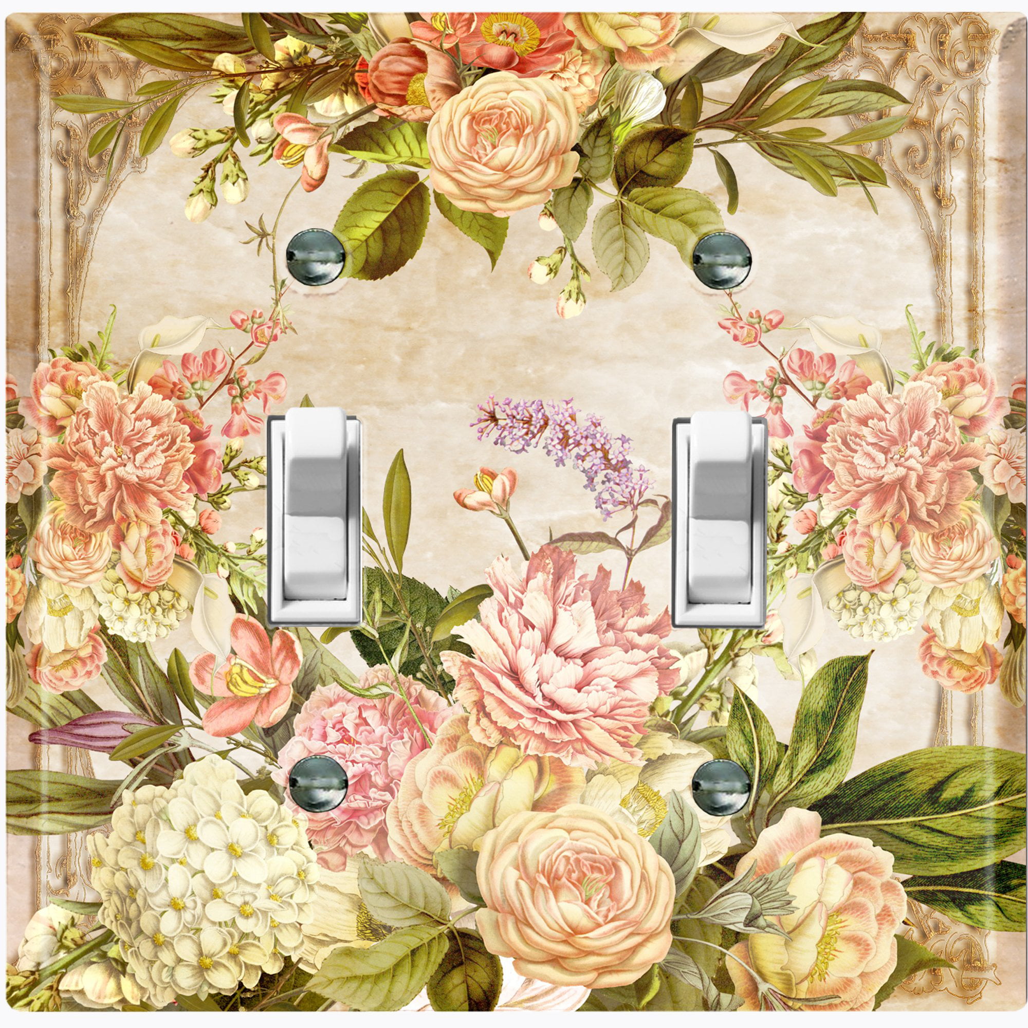 Metal Light Switch Plate Cover Floral Pink And Yellow Roses Shabby Chic Decor 