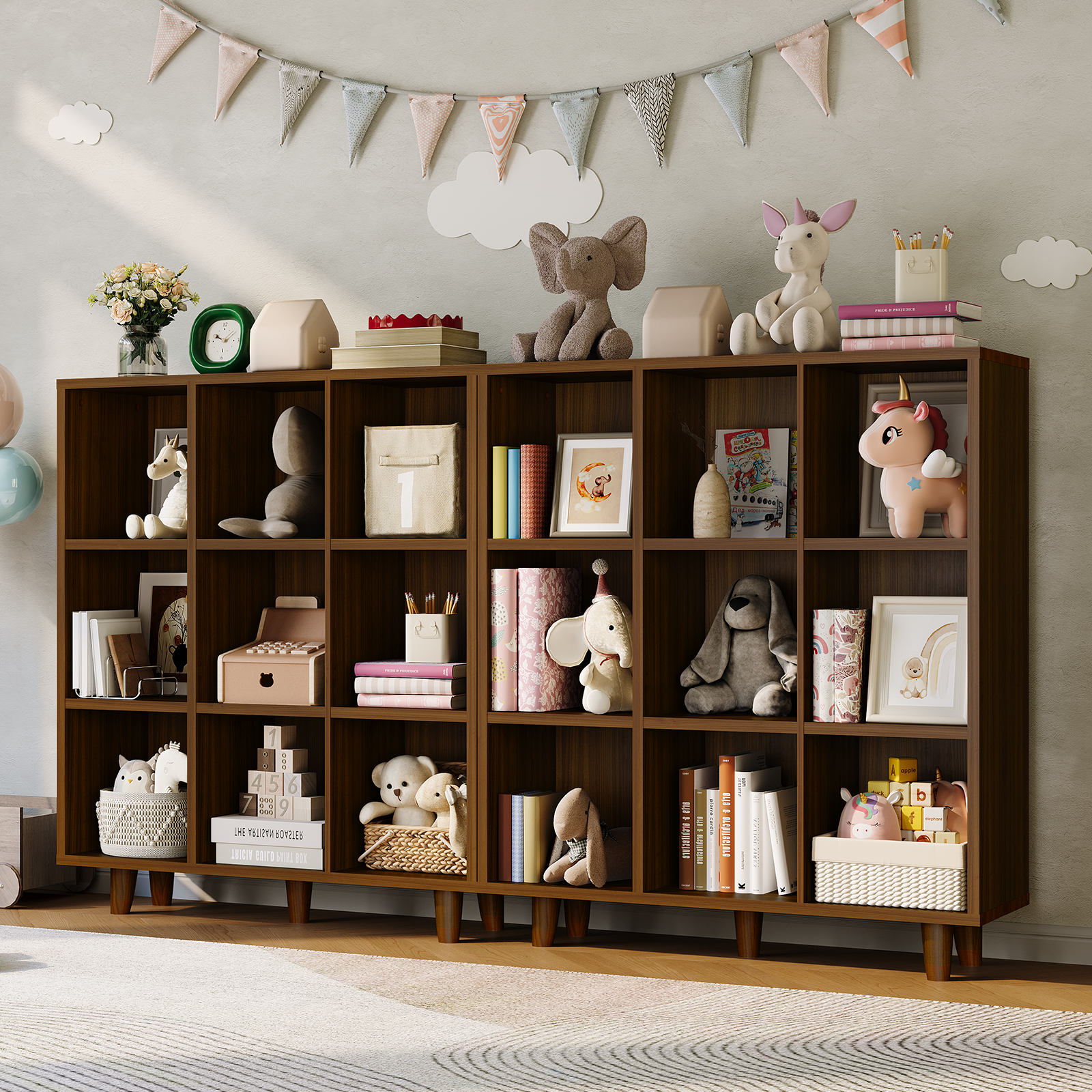 COZONY 9-Tier Mid-Century Modern Bookshelf with Rustic Brown Wood Cubes, Open Display Storage with Anti-Tipping Legs for Living Room, Home Office,Red Color
