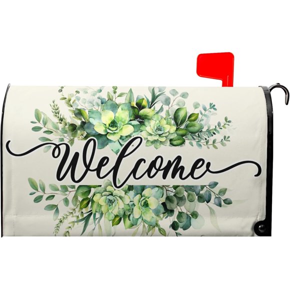 Spring Welcome Magnetic Mailbox Cover Large 25x21 Inch Farmhouse Green Floral Wreath Outdoor Decor Spring Summer Mailbox Wraps for House Garden Yard
