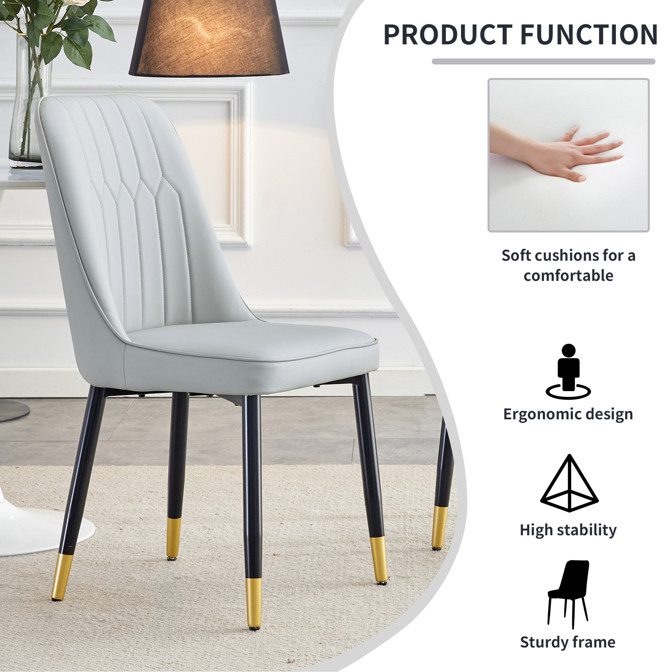 Noble House 35" Modern Dining Chairs, Thick Padded PU Leather Seat & Back Side Chairs, Metal Legs, Light Gray, Set of 2