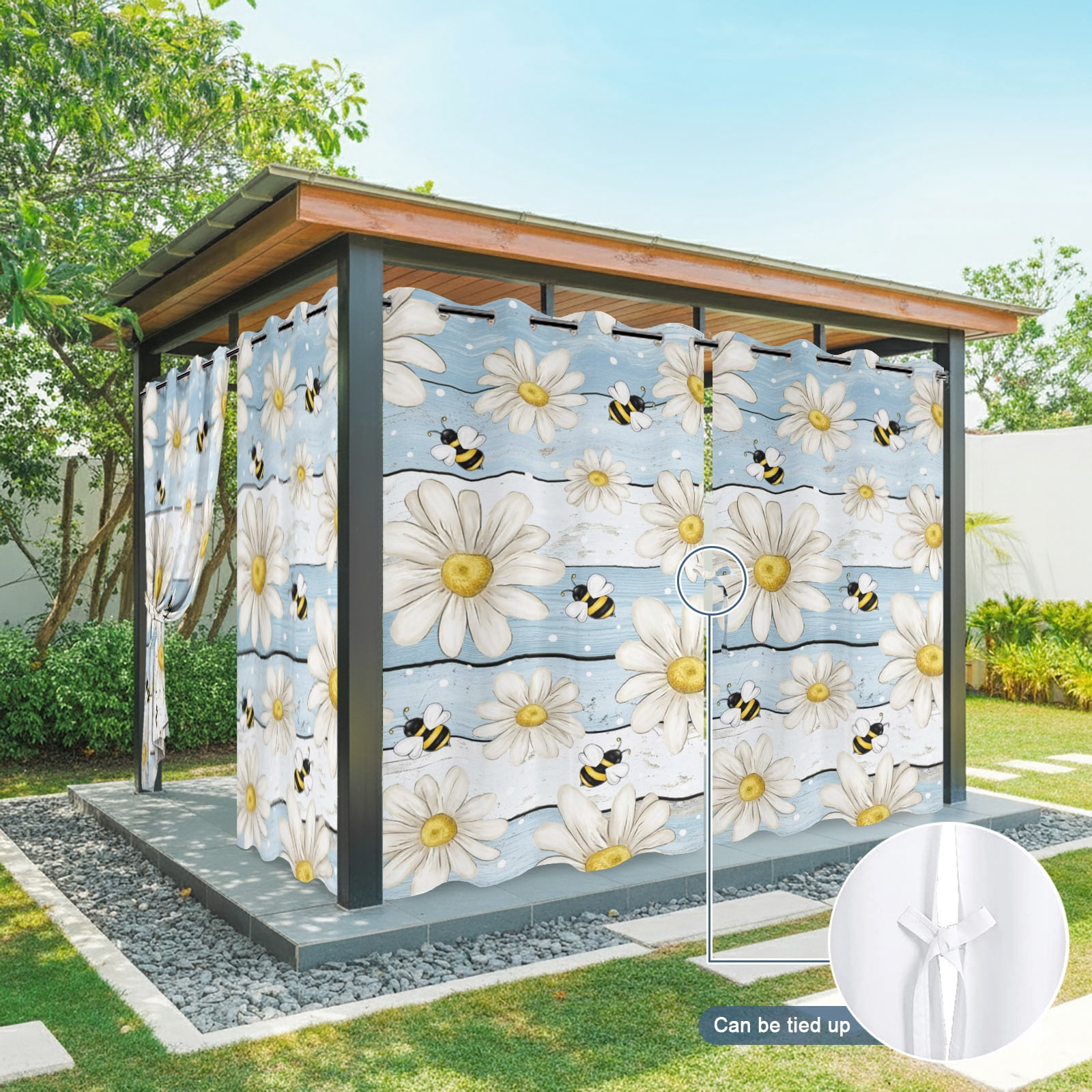White Floral Outdoor Curtains for Patio, Vintage Daisy Farmhouse Bee Rustic Summer Blue Striped Sunshade Privacy Drapes Grommet Waterproof Outside Curtains for Porch/Cabana/Balcony 54"x 108", 1 Panel