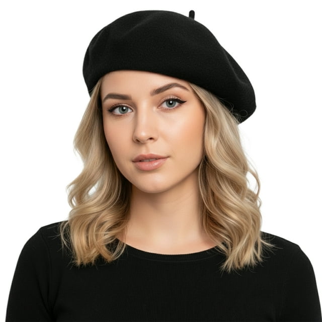 TOPTIE French Beret for Womens Artist Basque Beanie Hat Solid Color Cap 60% Wool-Black