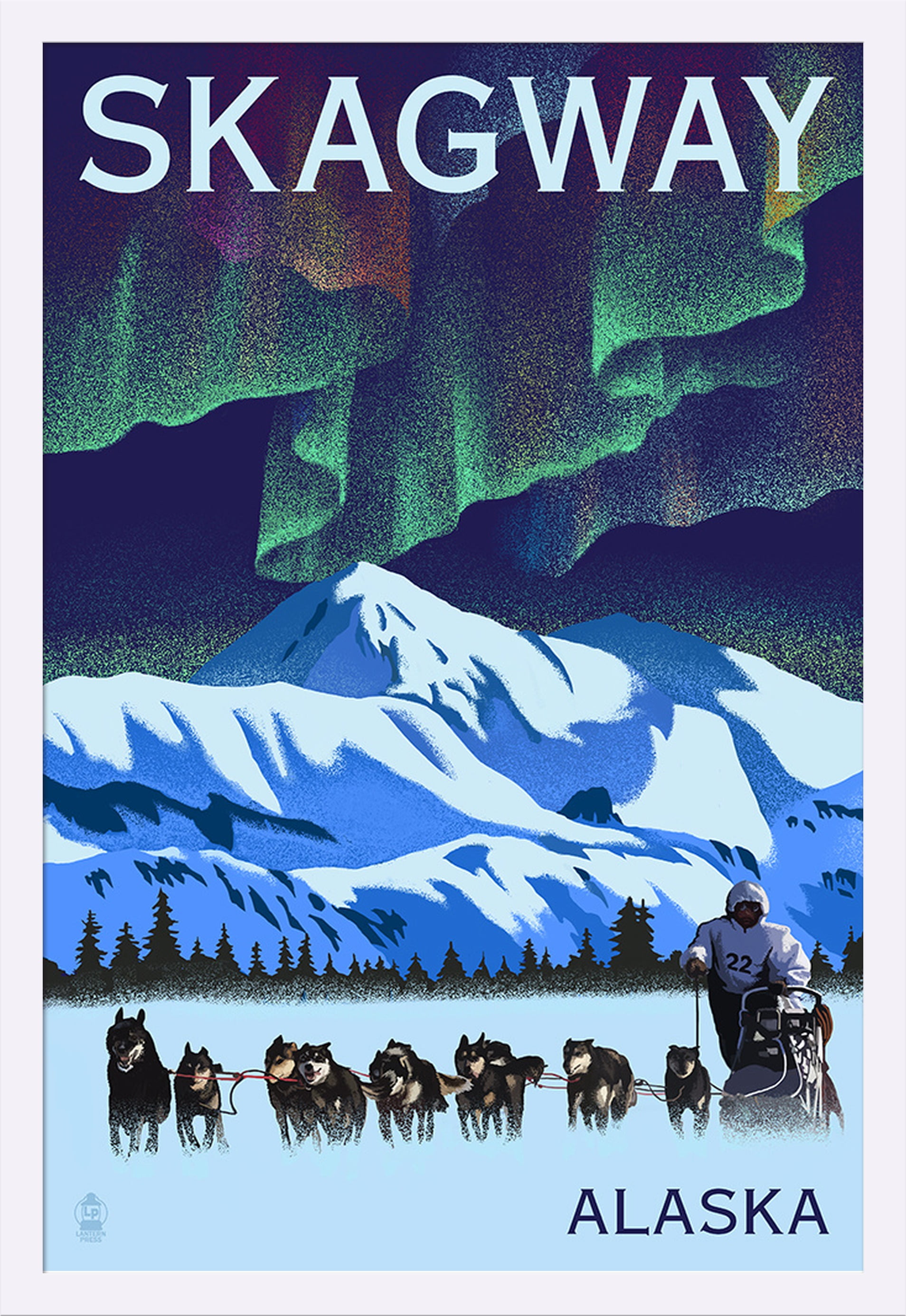 Skagway, Alaska Northern Lights & Dogsled Lithograph Lantern