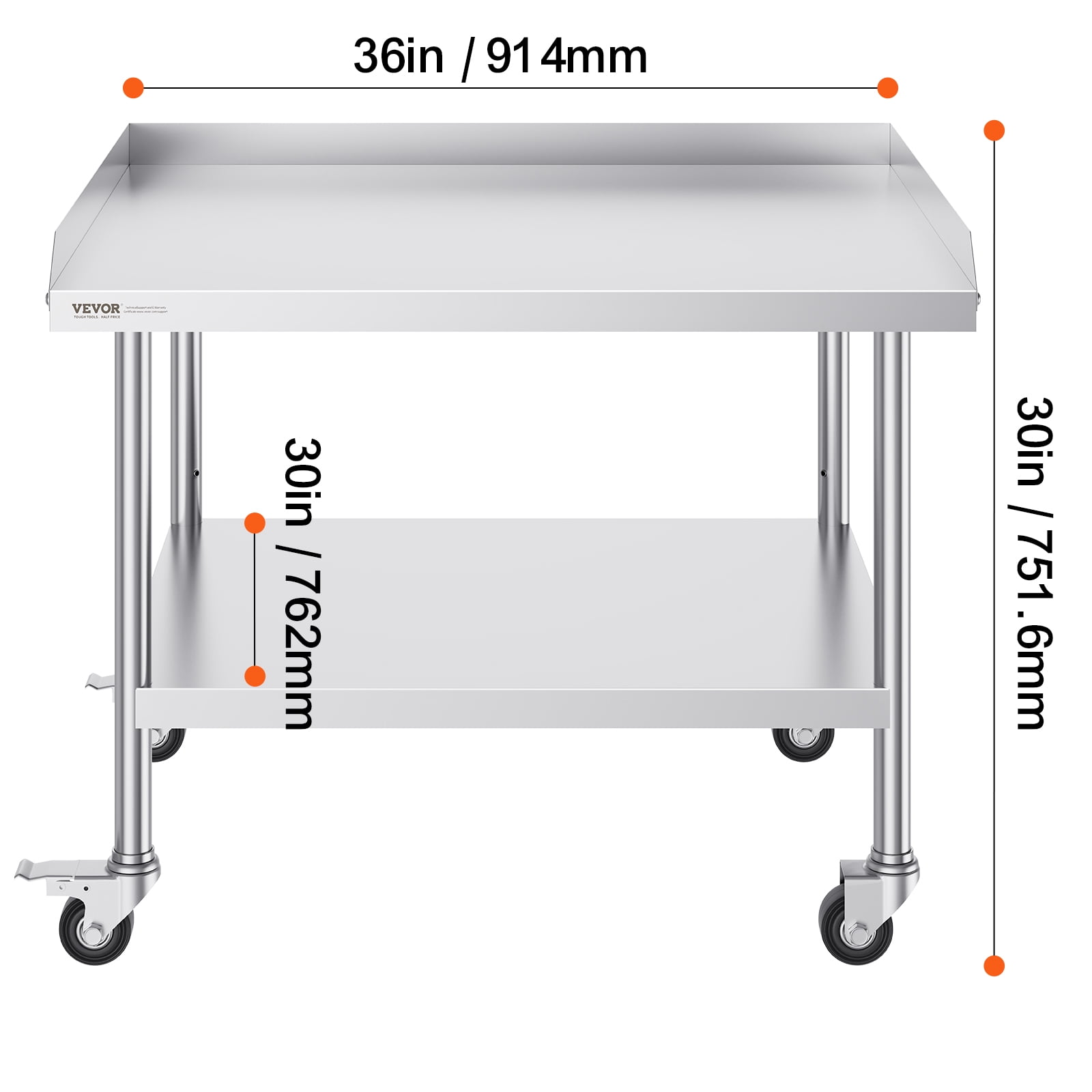 VEVOR Stainless Steel Work Table, 30 x 36 x 30 Inch Commercial Food Prep Worktable with 4 Wheels, Casters, 3-Sided Backsplash Heavy Duty Prep Worktable, Metal Work Table for Restaurant Home Hotel
