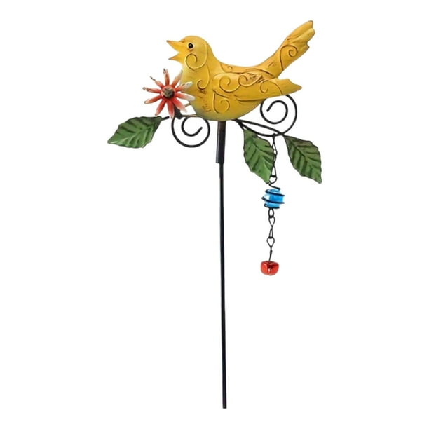 Estaca de metal para jardín con forma de pájaro, campanilla de viento, figura decorativa de primavera con forma de pájaro de flor de hierro. Amarillo
