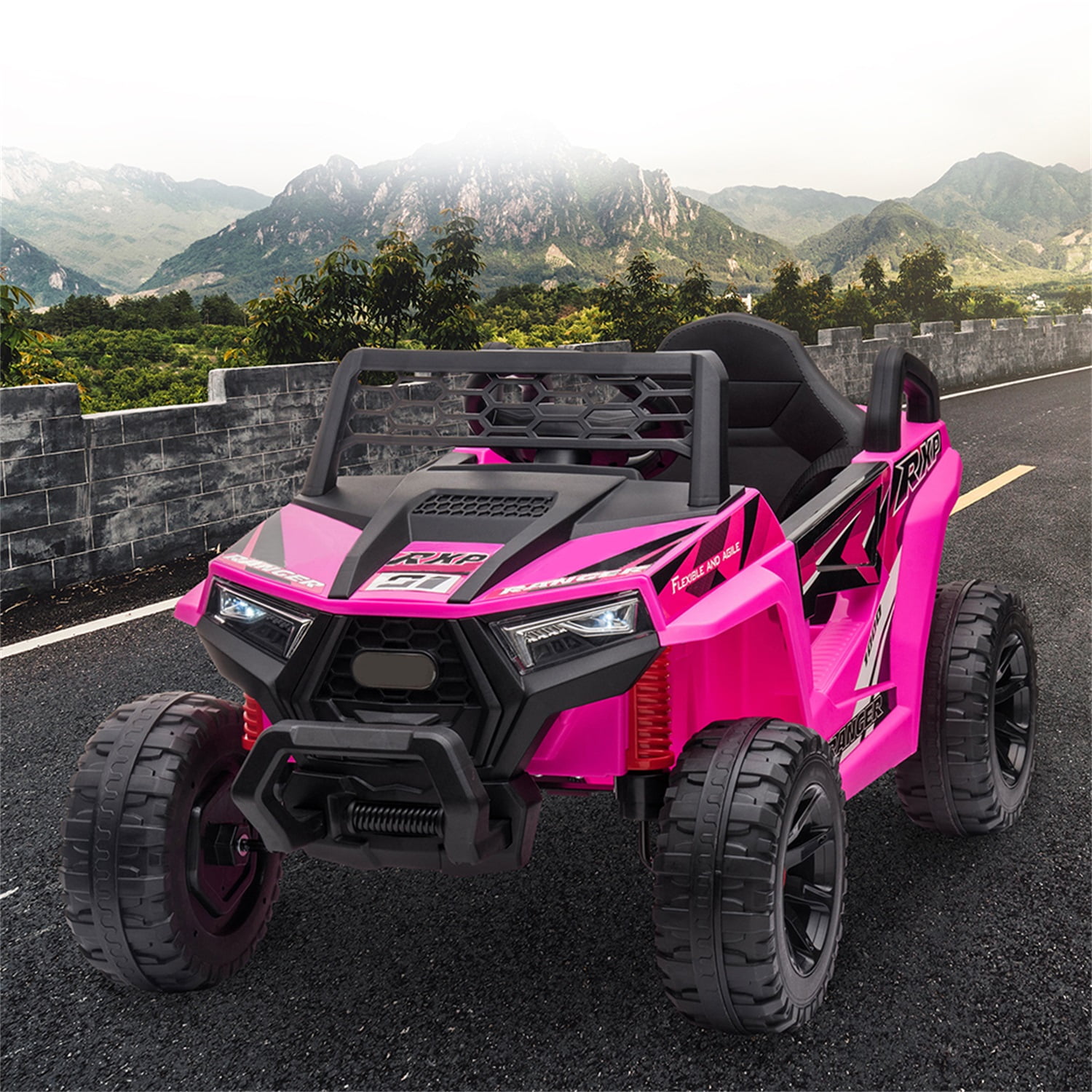 CIPACHO 12V Powered Ride-On UTV, Electric Kids Car with Front LED Lights and Horn, Foot Pedal, Music, LED, Pink