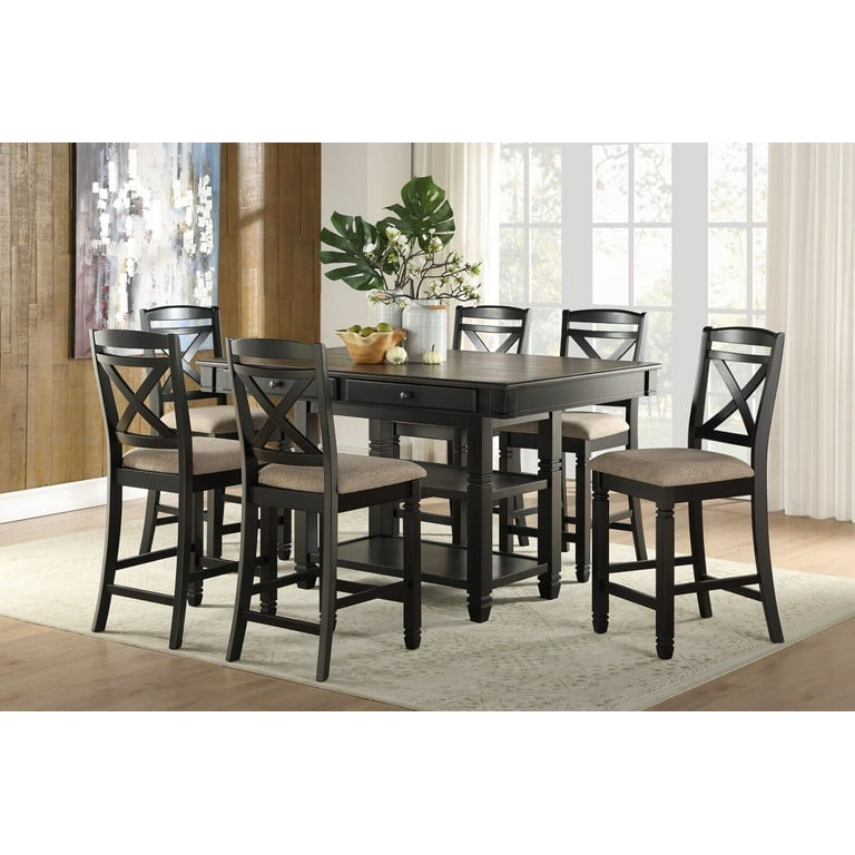 Transitional Style 7pc Dining Set Counter Height Table w Shelves