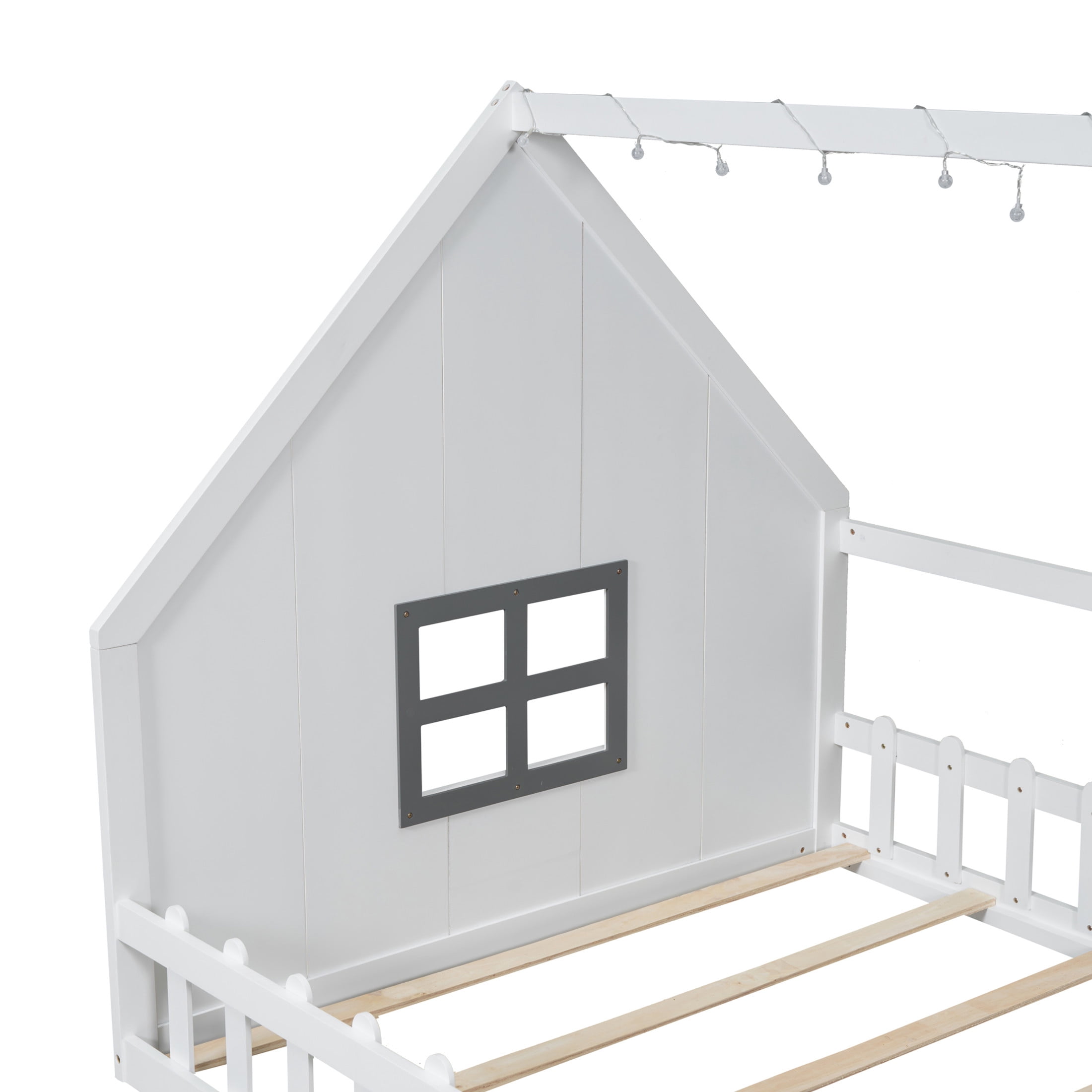 Noble House Full Size Wood House Bed with Window and Fence Guardrails, Safety Design for Kids, White