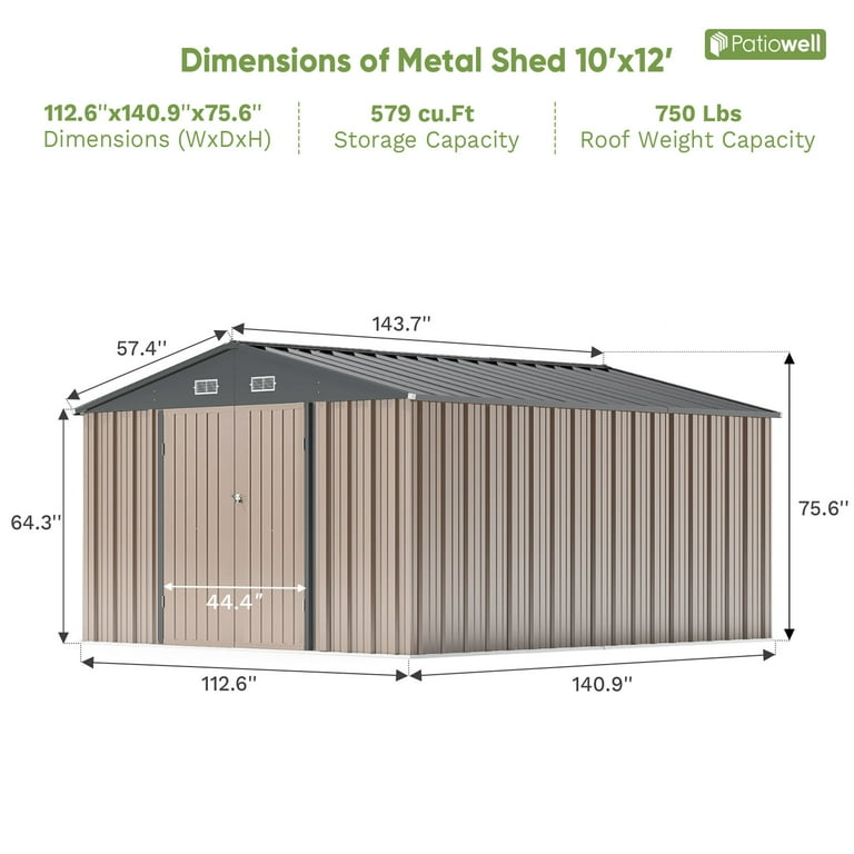 Patiowell, Metal Outdoor Storage Shed, 10x12 ft, Lockable Door