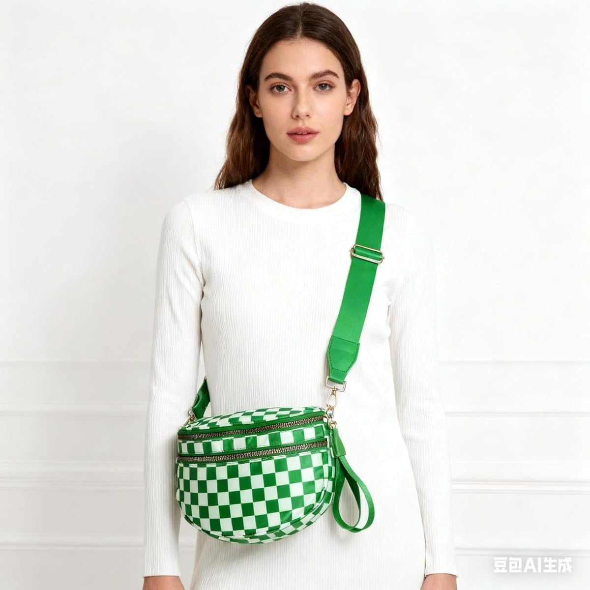Baguery Women's Trendy Nylon Crossbody Bum Bag - Plus Size Fanny Pack Sling Belt Bag (Beige White Grid/Kelly Green), 3-Zipper Compartments​