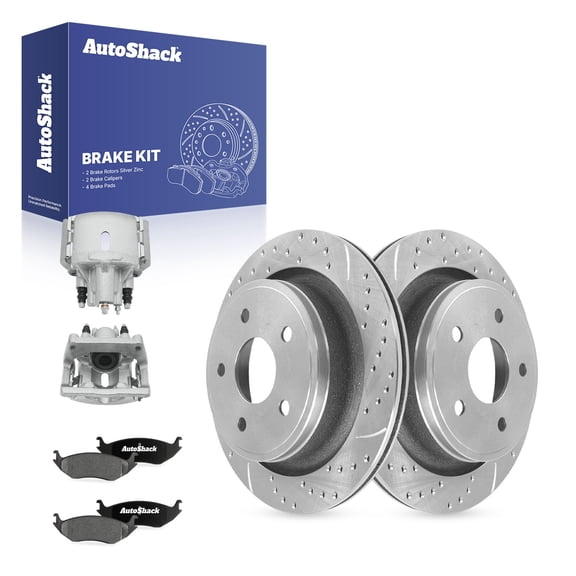 AutoShack Rear Brake Rotors, Ceramic Pads & Calipers for Ram, 1500 2011-2018 - Silver Zinc Coated Drilled & Slotted - SilverShield Pro - 13.87" (352.2 mm), 5-Lug