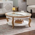 thumbnail image 2 of RIGO 31.5" Round Farmhouse Coffee Table with Open Storage, 2‑Tier Solid Wood & MDF Cocktail Table with Tempered Glass Top, Antique White & Natural Wood Finish for Living Room, 2 of 8