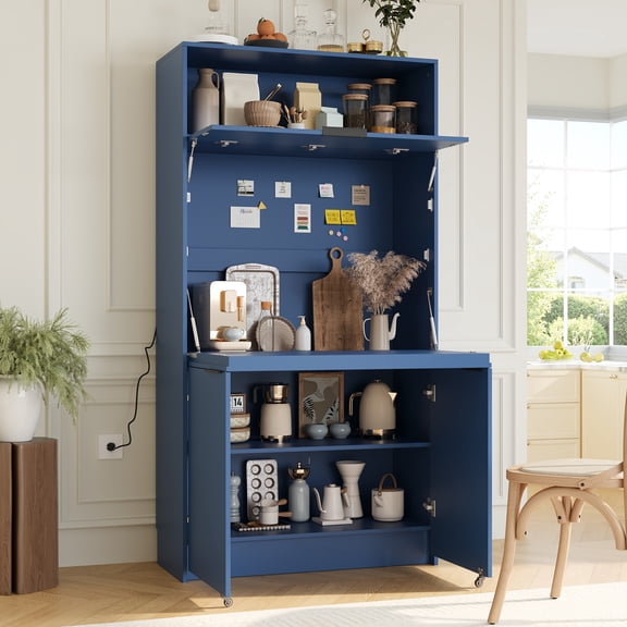 Harper & Bright Designs Compact Kitchen Pantry, Kitchen Pantry Storage Cabinet with Power Outlet, Tall Farmhouse Kitchen Hutch with Adjustable Shelf for Dining Living Room, Dark Blue