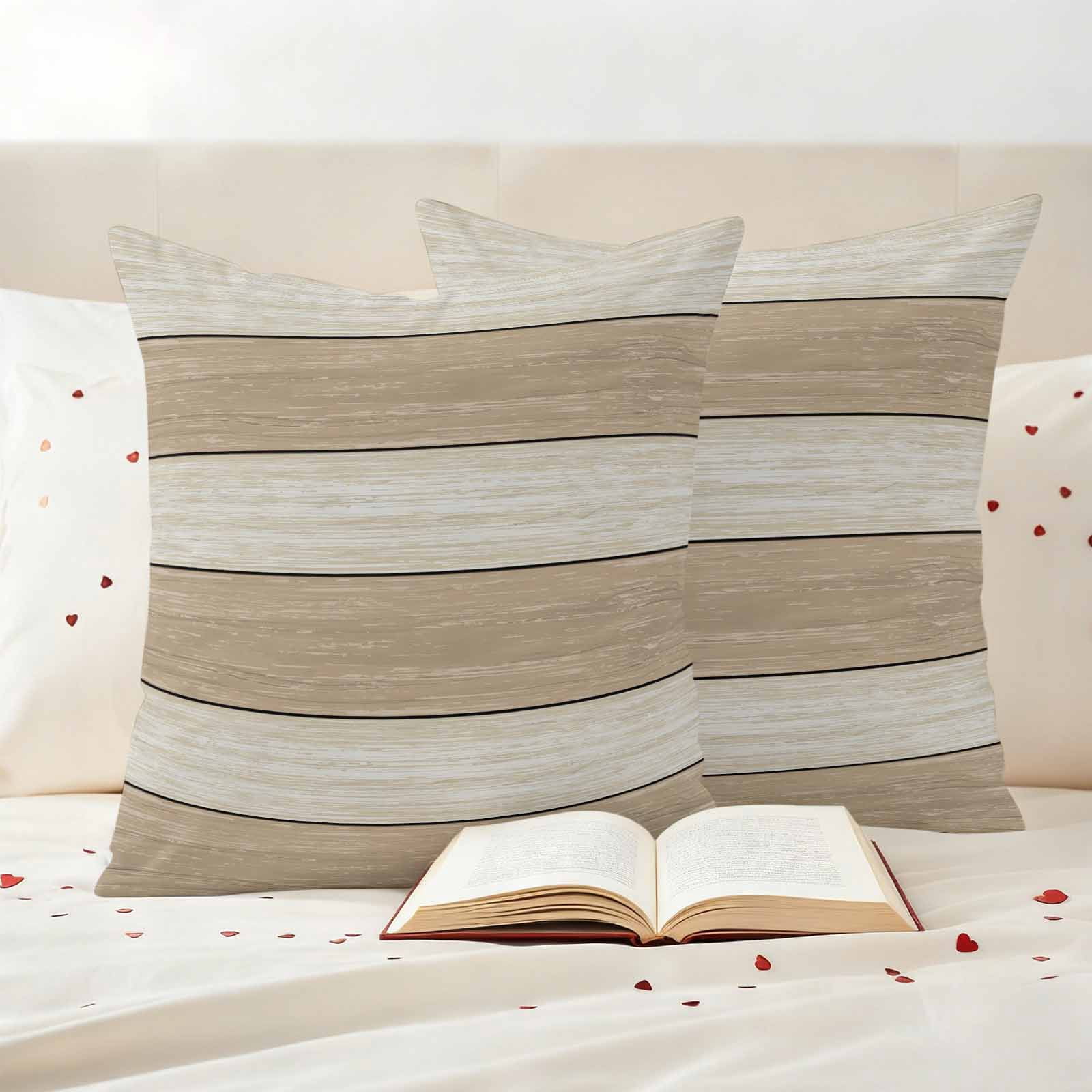 Brown Ombre Wooden Outdoor Waterproof Pillow Covers, Farmhouse Retro Khaki Wood Decorative Square Throw Pillowcase Sofa Cushion Sham for Patio/Couch/Chair, 20"x20" 2 Pack