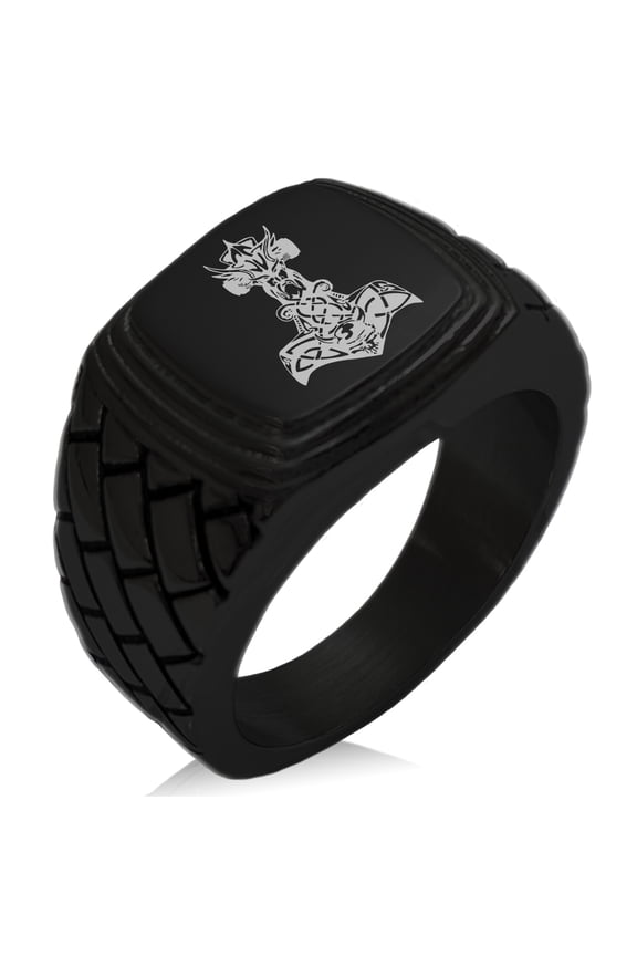Stainless Steel Asgard Mjolnir Thor's Hammer Viking Norse Geometric Pattern Step-Down Biker Style Polished Ring