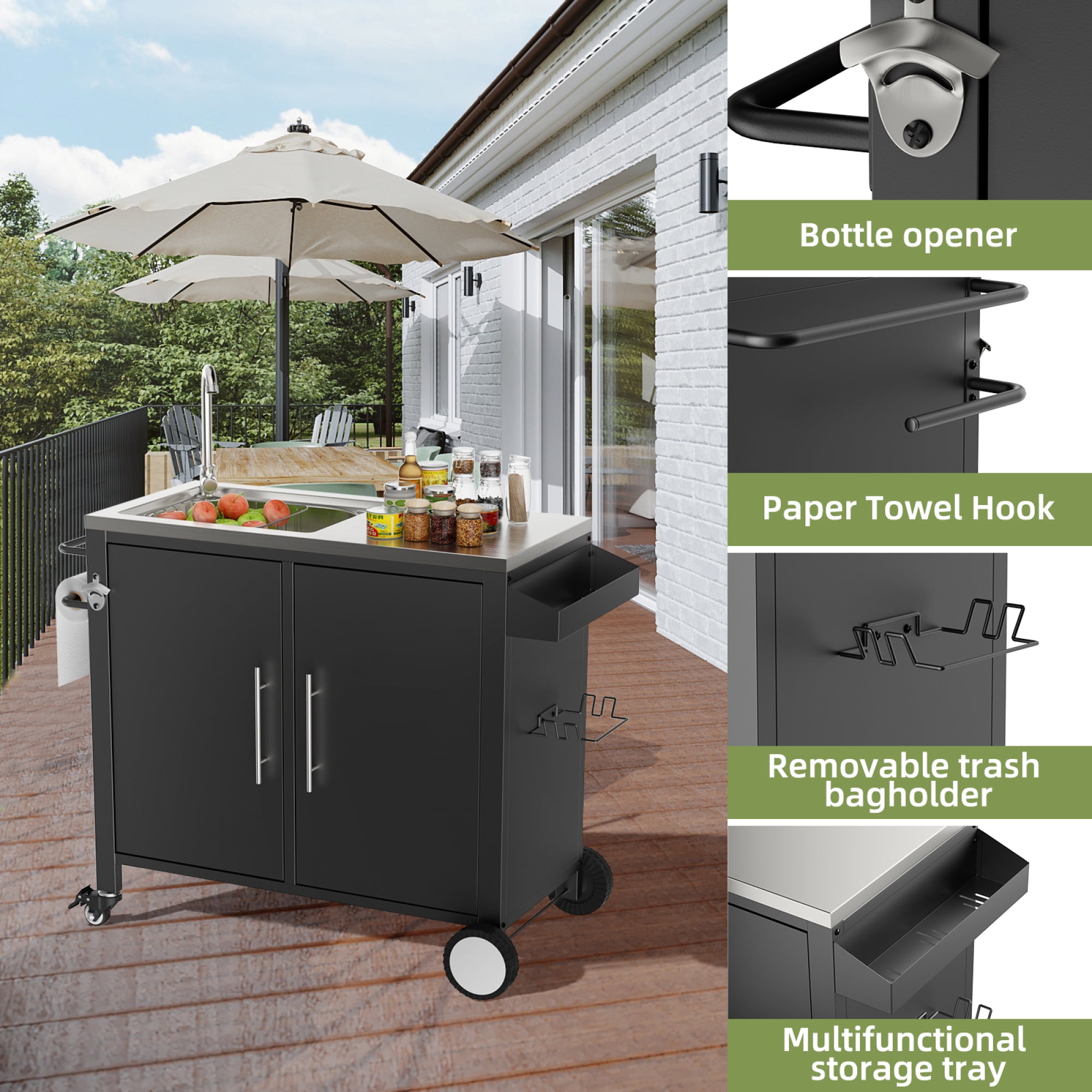 Leumius Outdoor Grill Cart with Sink & Cabinet,Outdoor Kitchen Island on Wheels,BBQ Grill Prep Table Movable Patio Storage Counte,L38" x W18" x H35"