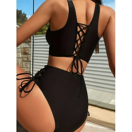 2-Piece Plus Size Chic Bikini Set  Elegant Lace-Up V-Neck Top & High-Waisted Cut-Out Bottoms  Ideal for Beach & Pool Adventures