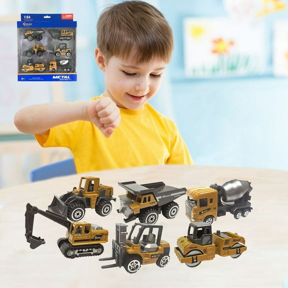 Xecvkr 1:64 Scale Alloy Construction Vehicle Models Set 6pcs Excavator forklift Engineering Trucks Durable Metal Toys Educational Play for Kids Realistic Details Gift for Children