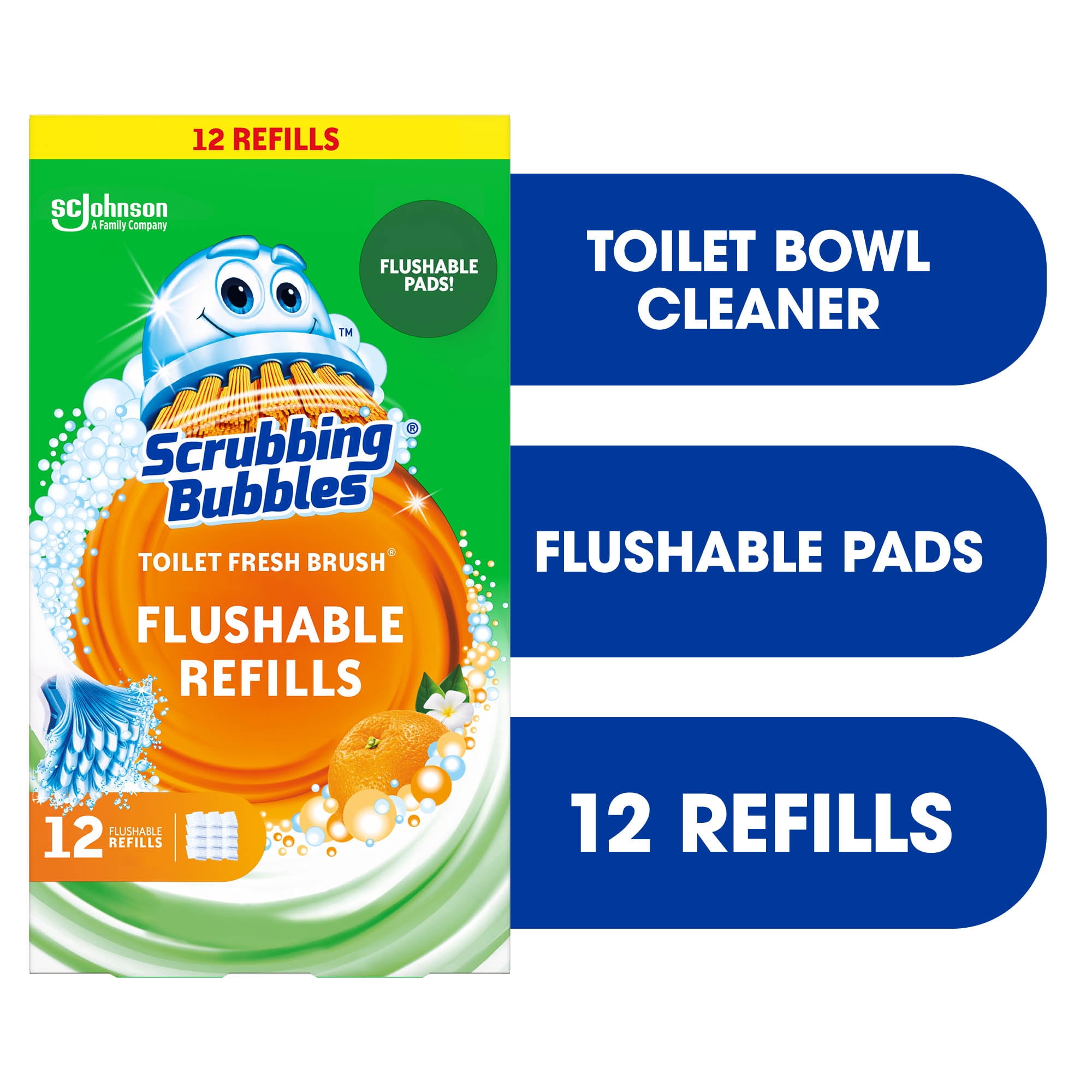 Scrubbing Bubbles Brosse Fraîcheur Toilette, Recharges jetables dans les toilettes, parfum Agrumes, 12 tampons
