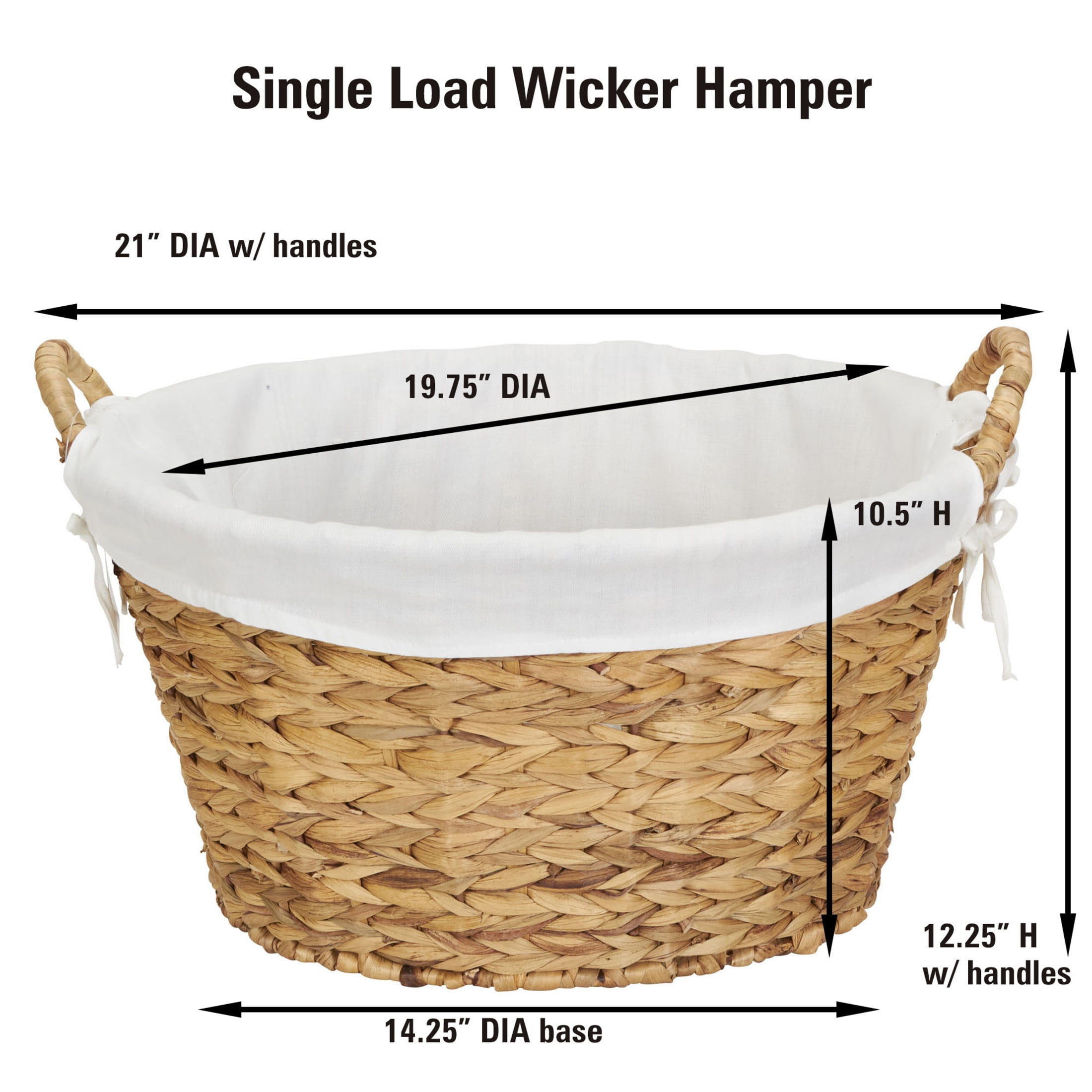 Household Essentials Round Wicker Laundry Basket with Handles, Whimsical Water Hyacinth Basket, Supportive Metal Frame, Removable Polyester Liner, Handwoven, Well-Structured and Versatile, Natural