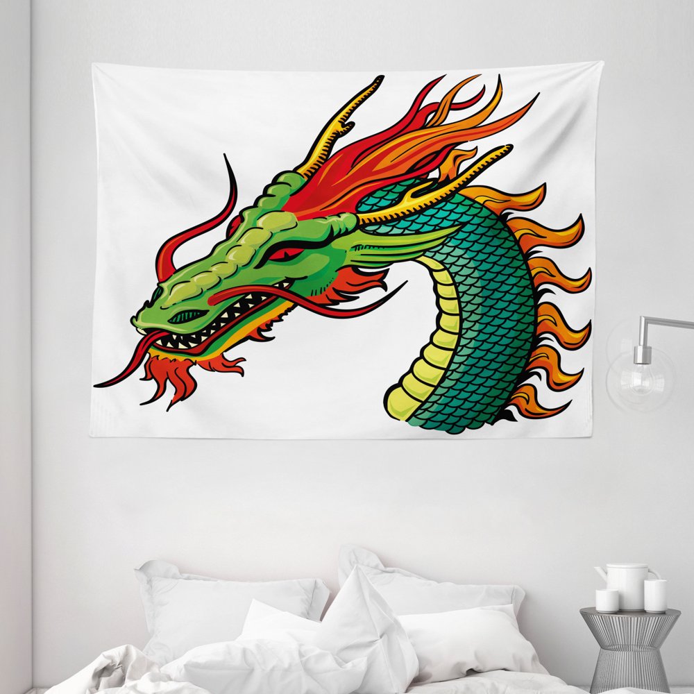Dragon Tapestry, Monster Head Portrait Traditional Danger Retro