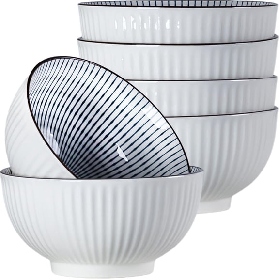 6 in Small Bowls Set of 6, Versatile 30 oz Blue and White Porcelain Bowls for Soup, Cereal, Salad, Desserts, and Side Dishes - Striped