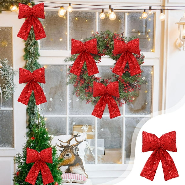 Adornos navideños con lazo, colgante de lazo con lentejuelas, lazo de tela roja para árbol o ventana, 10 x 16 cm, decoración festiva,Vsgery