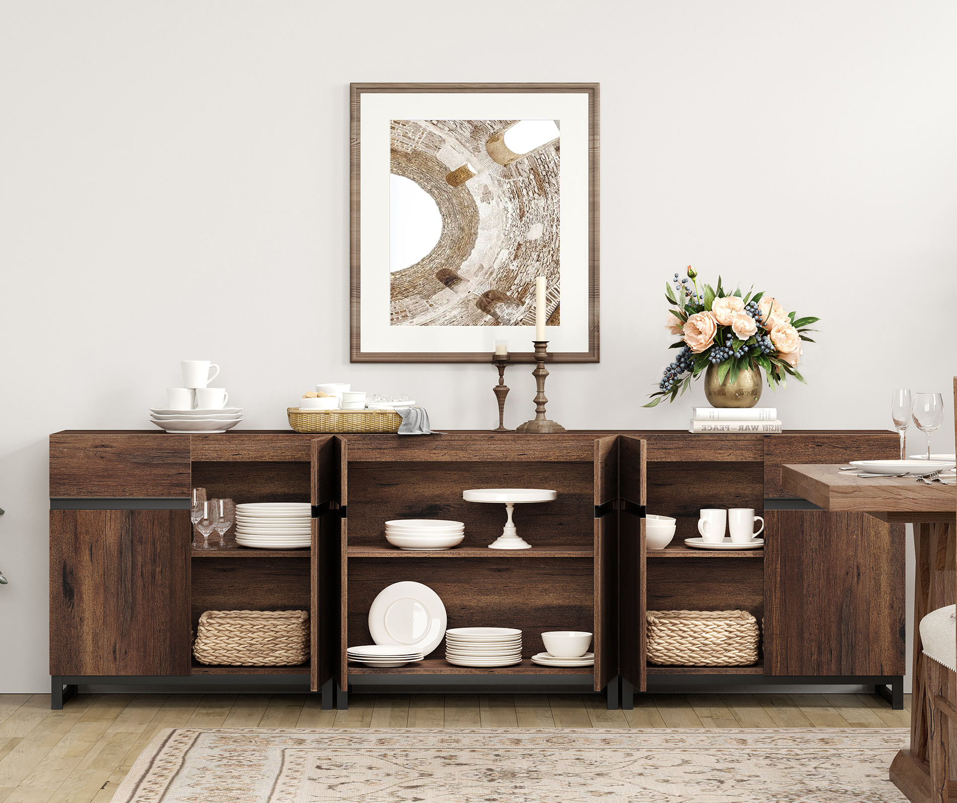 WAMPAT 94.5" Wide 3-In-1 Multifunctional Sideboard Buffet with Adjustable Shelf & Metal Base, Modern Wood Grain Storage Cabinet for Dining Room, Living Room.