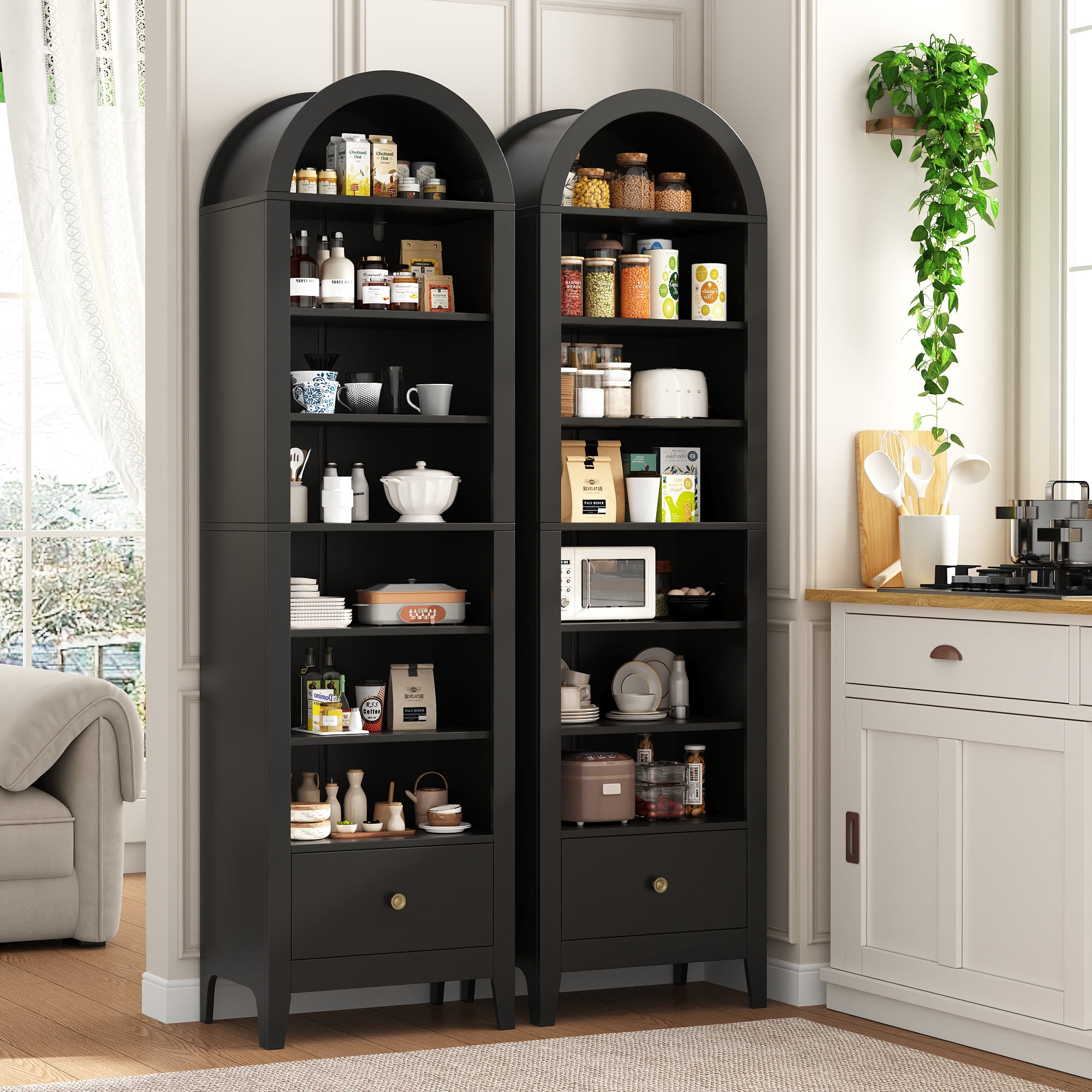 NEGYLIM 71" Tall Arched Storage Cabinet with Drawer, Freestanding Kitchen Pantry Cabinet with Doors and 8 Adjustable Shelves, Narrow Tall Cabinet for Bathroom Living Room Office, Black